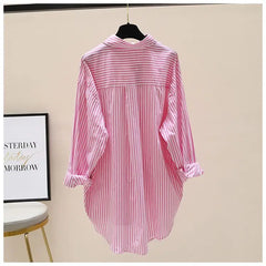 Orange Striped Printed Long-sleeved Shirt for Women, Fashionable
