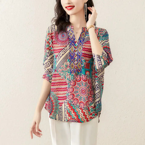 Summer New V-neck Fashion Half Sleeve Blouse Women High