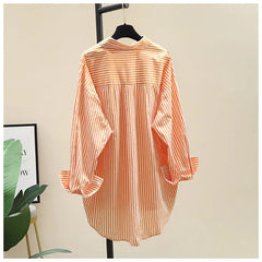 Orange Striped Printed Long-sleeved Shirt for Women, Fashionable