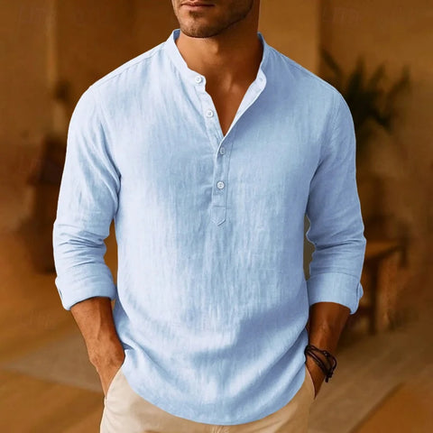 New Men Casual Shirts Lightweight Long Sleeve Henley Cotton